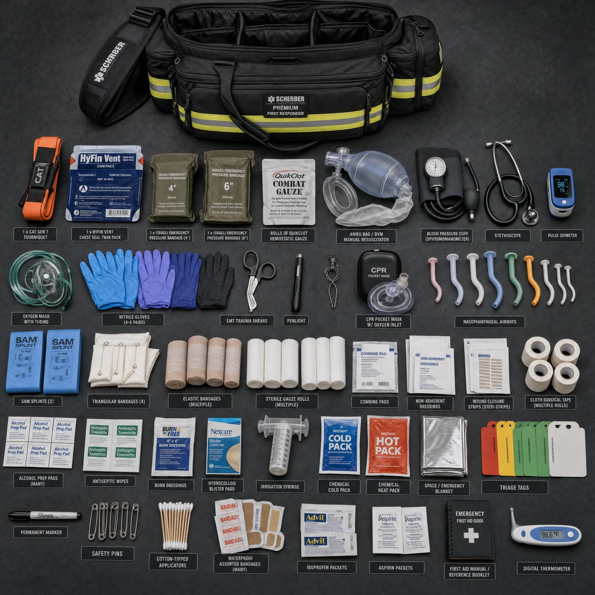 Scherber Premium First Responder Bag — Full Contents Flat-Lay