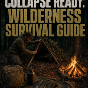 Collapse Ready: Wilderness Survival Guide book cover featuring American wilderness survival skills, shelter building, firecraft, water procurement, land navigation, and post‑SHTF preparedness.