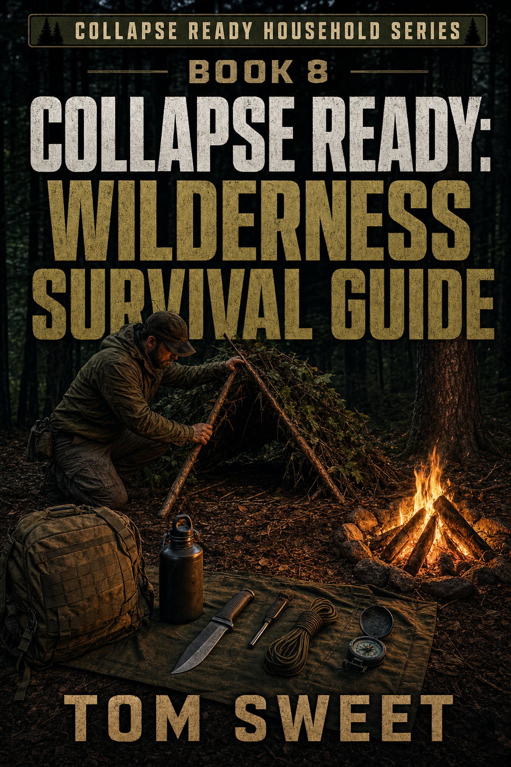 Collapse Ready: Wilderness Survival Guide book cover featuring American wilderness survival skills, shelter building, firecraft, water procurement, land navigation, and post‑SHTF preparedness.