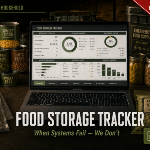 Collapse Ready Household Food Storage Tracker Excel workbook sale image showing laptop displaying emergency food inventory spreadsheet surrounded by canned goods Mylar bags and long-term food storage supplies with $20.00 OFF sale banner — prepper food storage planner for family emergency preparedness grid-down survival food tracking system digital download on sale now