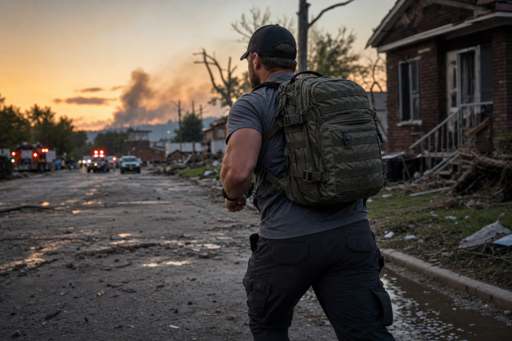 Person carrying a large tactical backpack walking through a disaster‑damaged street with debris, destroyed homes, and emergency vehicles in the background at sunset.