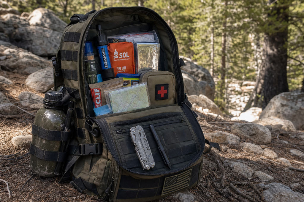 Open survival backpack in a forest showing essential bug‑out gear including Sawyer water filter, SOL emergency blanket, fire starter kit, first aid pouch, multitool, tactical pen, map, and outdoor hydration bottle for wilderness preparedness.