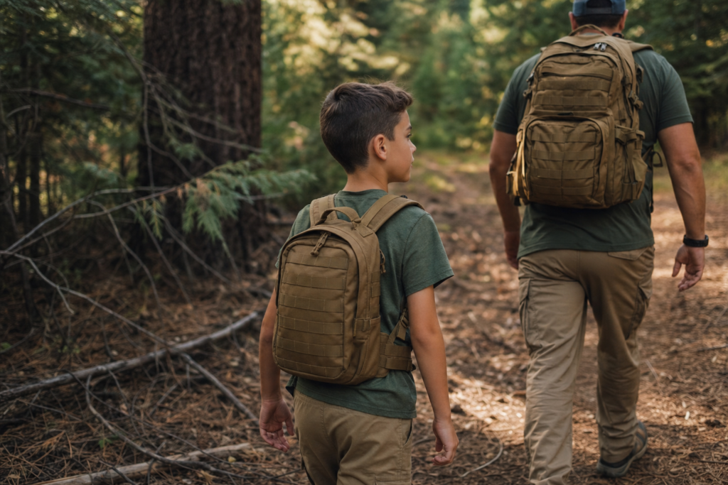 Child-sized tan hiking backpack with dual shoulder straps, compact outdoor profile, and lightweight construction, worn by a young hiker walking through a forest trail.
