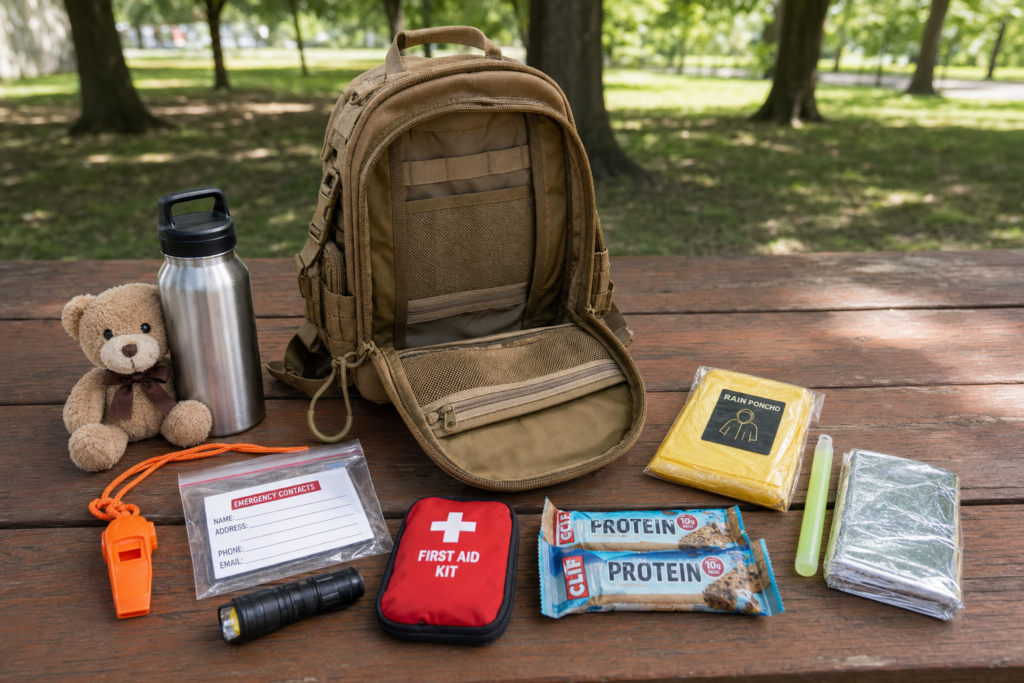 Tan child-sized emergency backpack on a picnic table surrounded by survival gear, including a first aid kit, water bottle, rain poncho, emergency blanket, and contact information card.