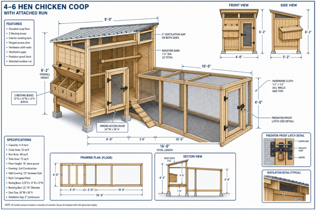 Detailed 4–6 hen chicken coop blueprint with attached run, showing measurements, framing plans, nesting boxes, roost bars, and predator‑proof hardware for DIY homestead construction.”