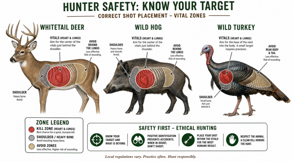 A hunting safety chart showing vital shot placement zones for a whitetail deer, wild hog, and wild turkey, with color‑coded areas indicating kill zones, heavy bone, and avoid zones.