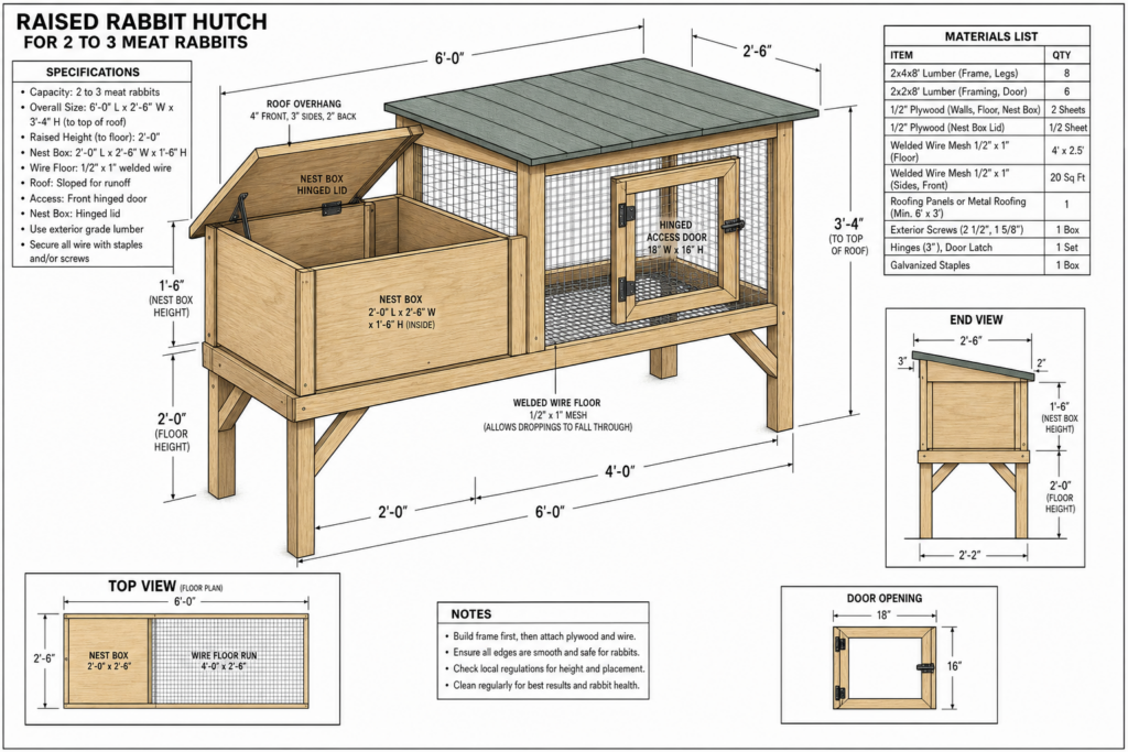 A detailed construction diagram for a raised rabbit hutch designed for 2–3 meat rabbits, showing dimensions, materials, floor plan, nest box layout, wire run area, and assembly notes.